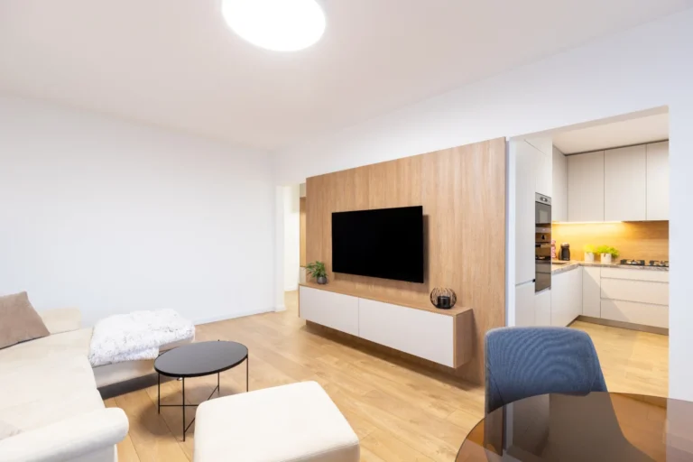 Detail TV steny s úložným priestorom v modernom interiéri