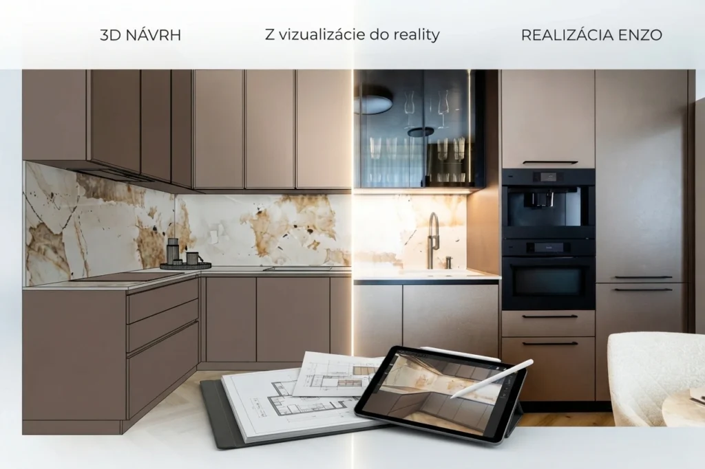 Porovnanie 3D návrhu a reálnej realizácie kuchyne od Kuchyne ENZO Nitra